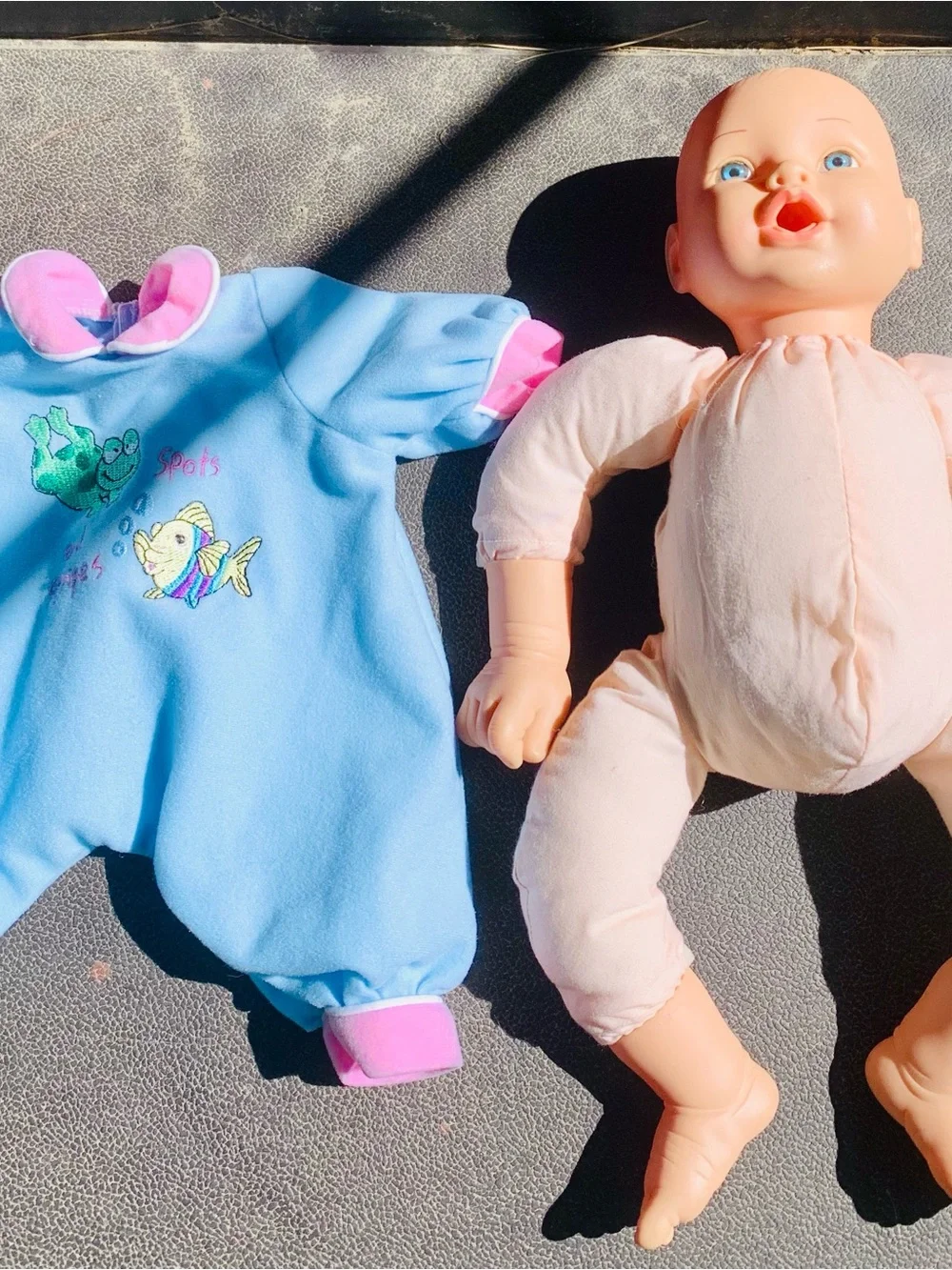 Baby doll toy Blue and Pink One-Piece Romper with Fish & Frog Embroidery